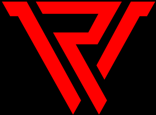 Red logo on a black background